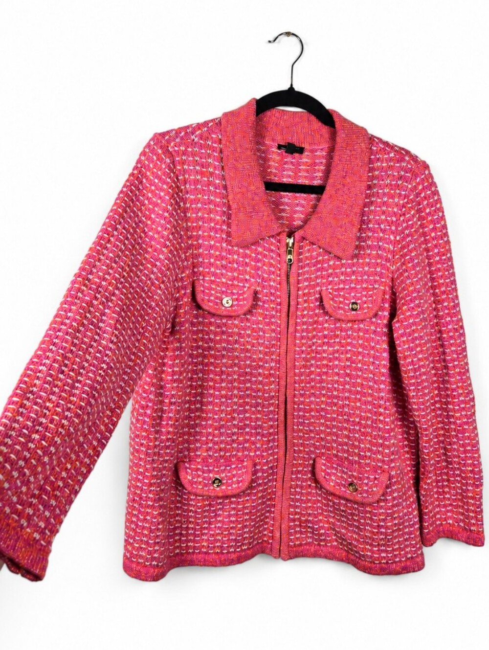 Talbots Plus Petite 1XP Pink Tweed Knit Zip Jacket Cardigan Gold Buttons Preppy